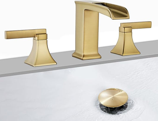 Brushed Gold Bathroom Sink Faucet, 8-Inch Widespread Bathroom Faucets for 3-Hole Sinks, 2-Handle Brass Waterfall Vanity Faucet with Drain Assembly, Champagne Bronze
