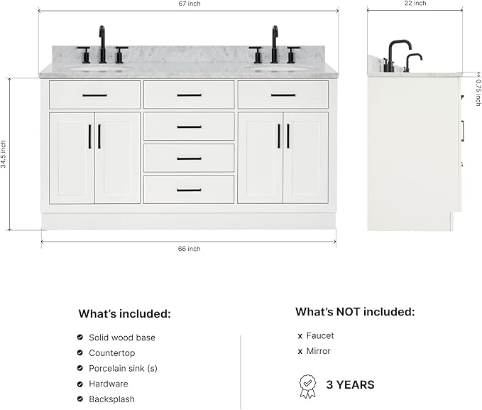 ARIEL Hepburn 66-inch Bathroom Vanity with Sink,Solid Wood, 0.75-inch Italian Carrara Marble Countertop & Backsplash, Double Oval Porcelain Sink, 4 Soft Closing Doors, 6 Dovetail Drawers, White