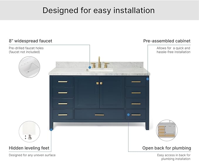 ARIEL Cambridge 60-inch Bathroom Vanity with Sink,Solid Wood, 1.5-inch Italian Carrara Marble Countertop, Single Rectangular Porcelain Sink, 2 Soft Closing Doors, 9 Dovetail Drawers, Midnight Blue