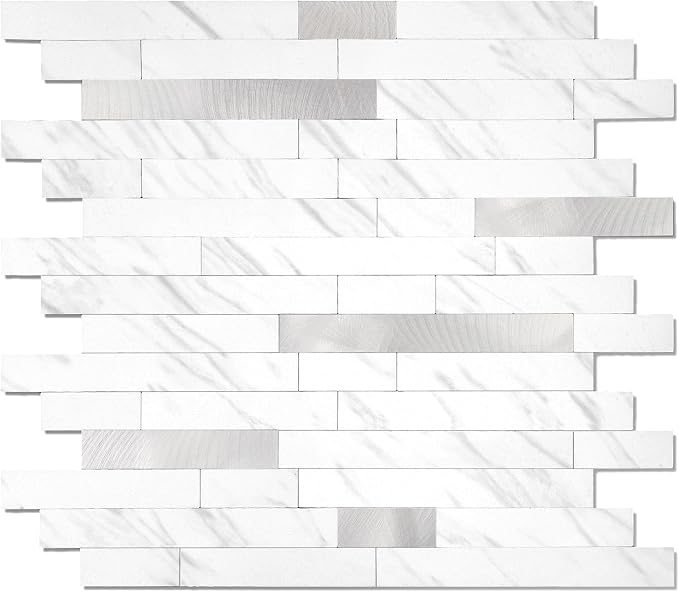 Yipscazo 20 Sheets Peel and Stick Stone Metal Tile Backsplash, Stick on Tiles for Backsplash Kitchen, Bathroom, Laundry Room, Camper, Fireplace (12'' X 12'', White Stone with Metal)