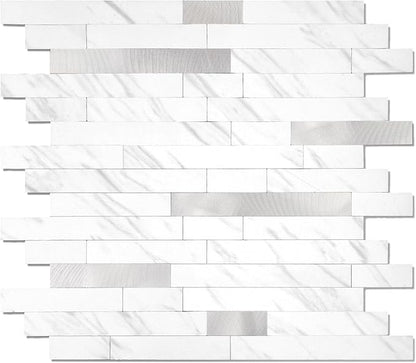 Yipscazo 20 Sheets Peel and Stick Stone Metal Tile Backsplash, Stick on Tiles for Backsplash Kitchen, Bathroom, Laundry Room, Camper, Fireplace (12'' X 12'', White Stone with Metal)