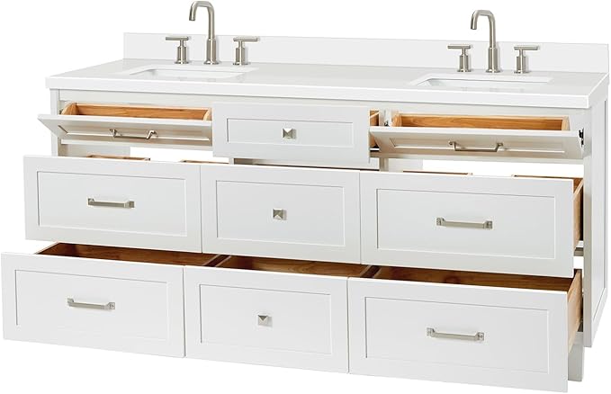 ARIEL Monroe 72-inch Bathroom Vanity with Sink,Solid Wood, 1.5-inch Pure White Quartz Countertop & Backsplash, Double Oval Porcelain Sink, 9 Dovetail Drawers, Brushed Nickel, White