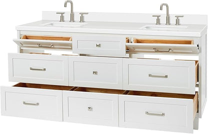 ARIEL Monroe 72-inch Bathroom Vanity with Sink,Solid Wood, 1.5-inch Pure White Quartz Countertop & Backsplash, Double Oval Porcelain Sink, 9 Dovetail Drawers, Brushed Nickel, White