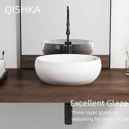 16 Inch Oval Bathroom Sink Above Counter, QISHKA 16" x 12" Ceramic Countertop Vessel Sink, White Modern Egg Shape Bowl Sink Hand Wash Basin