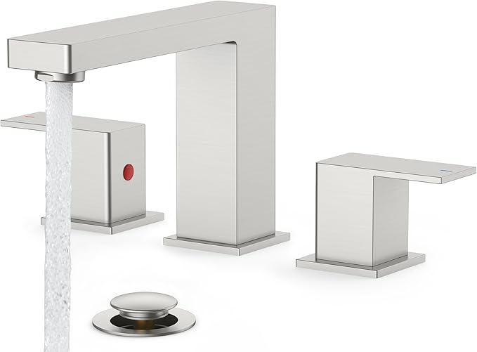 FORIOUS Brushed Nickel Bathroom Faucets 3 Hole, Stainless Steel 2 Handle Square 8 in Widespread Bathroom Sink Faucet Brushed Nickel 3 Hole with Metal Pop Up Drain, CUPC Water Hoses