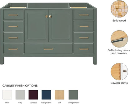 ARIEL Cambridge 60-inch Bathroom Vanity Base Cabinet,Solid Wood, 2 Soft Closing Doors, 9 Dovetail Drawers, Vintage Green