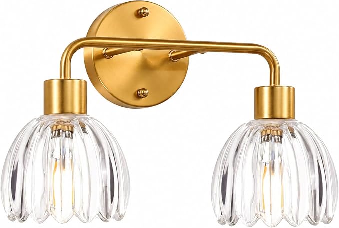 2-Light Gold Brass Bathroom Light Fixture with Clear Tulip Glass Shade,Wall Sconces,Vintage Vanlity Light Over Mirror,Bathroom Wall Light,E26 Socket(Bulbs Not Included)