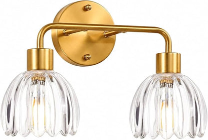 2-Light Gold Brass Bathroom Light Fixture with Clear Tulip Glass Shade,Wall Sconces,Vintage Vanlity Light Over Mirror,Bathroom Wall Light,E26 Socket(Bulbs Not Included)