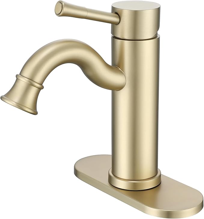 Bropury Hot and Cold Mixed Water Bathroom Sink Faucet, Single Handle 1 or 3 Hole Stainless Steel Vanity Faucet for Bathroom Sink (Contemporary, Brushed Gold)