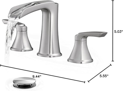 Brushed Nickel Bathroom Faucets, Brass Widespread Waterfall Faucet for Bathroom Sink, 3 Hole Bathroom Sink Faucet, 8 Inch 2 Handle Bathroom Vanity Faucets with Pop-up Drain for Lavatory RV