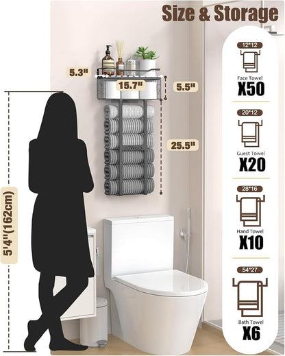 Aetyord Towel Racks for Bathroom 31inch Wall Mounted Towel Rack,Floating Shelf with Wood Plank,Towel Storage for Bathroom can Holds 6 Large Rolled Towels,All Black