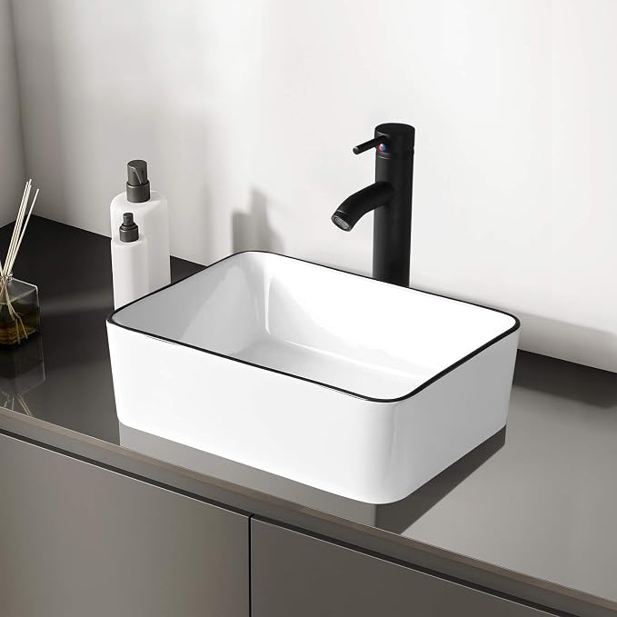 Modern 16" x 12" Rectangle Vessel Sink with Faucet, White Porcelain Above-Counter Bathroom Basin with Black Edge, Stylish Vanity Countertop Sink for Powder Room & Small Spaces