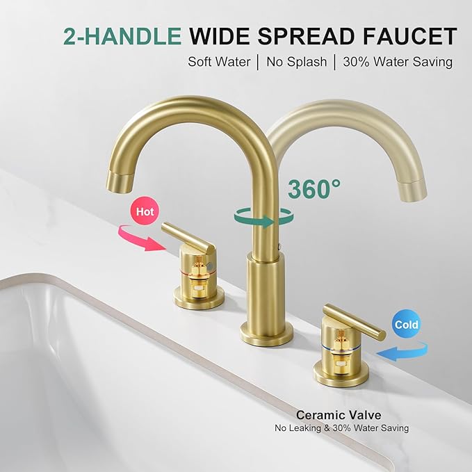Faustina Gold Faucet Bathroom,Brushed Gold Bathroom Faucets 3 Hole,8 Inch Widespread Bathroom Faucet,4 Inch 12 Inch Bathroom Faucet with Drain Assembly,2-Handle Stainless Steel(Supply Line)
