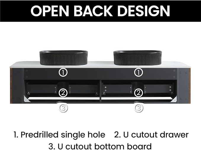 72" Preassembled Double Floating Bathroom Vanity with Black Sink, Walnut | Mid-Century Modern Style, Fluted & Soft-Close Drawer with U-shaped Wall, Sinterted Stone Countertop, Towel Rack Included