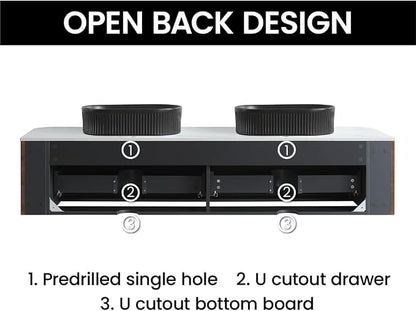 72" Preassembled Double Floating Bathroom Vanity with Black Sink, Walnut | Mid-Century Modern Style, Fluted & Soft-Close Drawer with U-shaped Wall, Sinterted Stone Countertop, Towel Rack Included