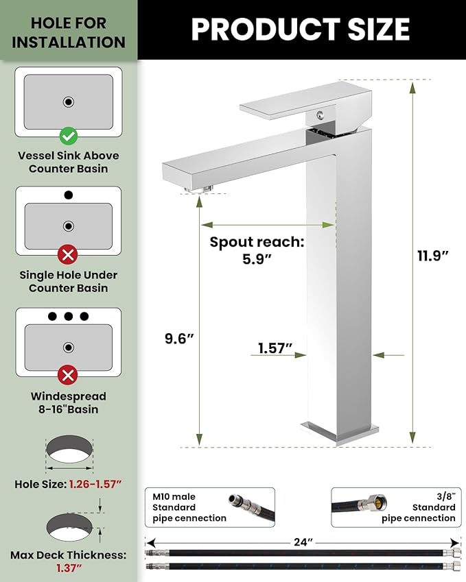 gotonovo Vessel Sink Faucet Single Handle Tall Bathroom Faucet One Hole Modern Lavatory Vanity Basin Mixer Tap Matching Supply Hoses and Pop up Drain Without Overflow, Polish Chrome
