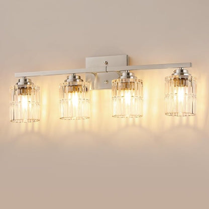 TALOYA Nickel 4Light Bathroom Vanity Light with Fluted Cylinder Glass Shade | Modern Vanity Lighting Fixtures, Bathroom Lights Over Mirror, Wall Mount Mirror Light Fixtures for Bathroom Hallway Bedroom