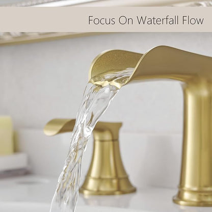 3-Hole 8-Inch Widespread Bathroom Faucet with Pop-Up Drain & Double Lever Handle - Brushed Gold Brass