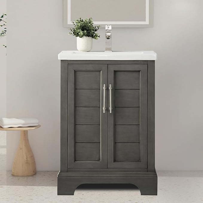 HOMEBEYOND 24 Inch Bathroom Vanity with Single Sink & Ceramic Top, Vanity Cabinet with Center Countertop Basin, Soft-Closing Doors,Sliver Grey