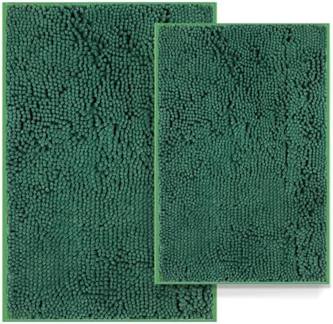 Luxury Bathroom Rug Mat 24x16+20x32, Extra Soft and Absorbent Chenille Bath Rugs, Plush Shaggy Bathroom Carpet, Non-Slip Bathtub Mat, Bath Mats for Bathrooms Floor, Tub and Shower, Deep Green