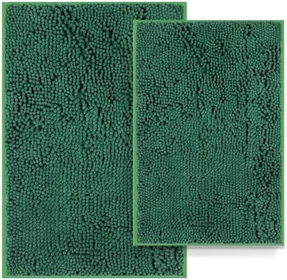 Luxury Bathroom Rug Mat 24x16+20x32, Extra Soft and Absorbent Chenille Bath Rugs, Plush Shaggy Bathroom Carpet, Non-Slip Bathtub Mat, Bath Mats for Bathrooms Floor, Tub and Shower, Deep Green