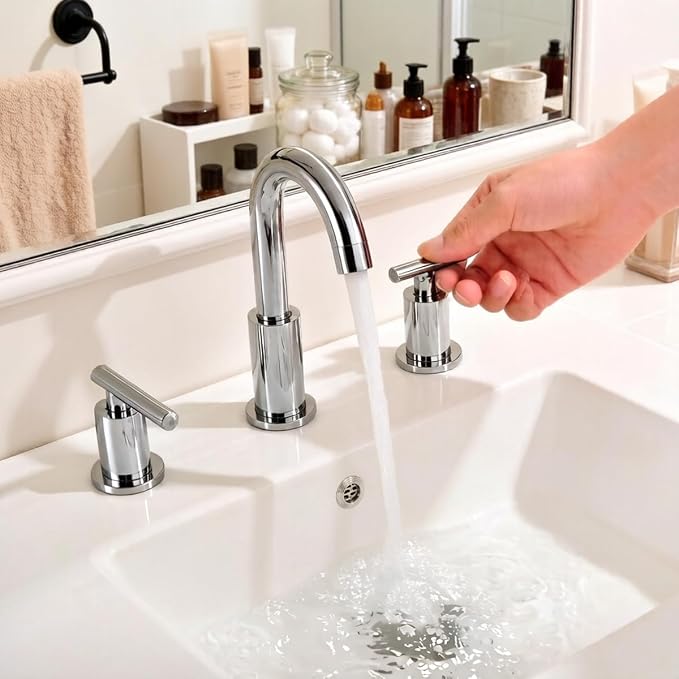 TRUSTMI Chrome Bathroom Faucet 3 Hole 8" Widespread, Swivel Spout & Drain | Heavy-Duty Brass Construction, Includes Overflow Drain & cUPC Supply Lines, fits 3-Hole 6–12" Vanity Sinks, Easy to Install