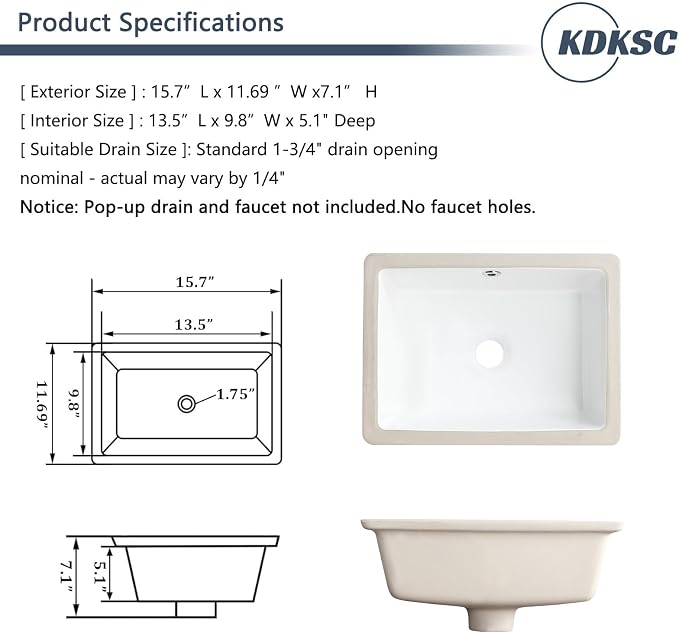 Small Undermount Bathroom Sink 16 Inch White Rectangular Porcelain Ceramic Vanity Basin with Overflow (15.70"x11.69") KDKSC