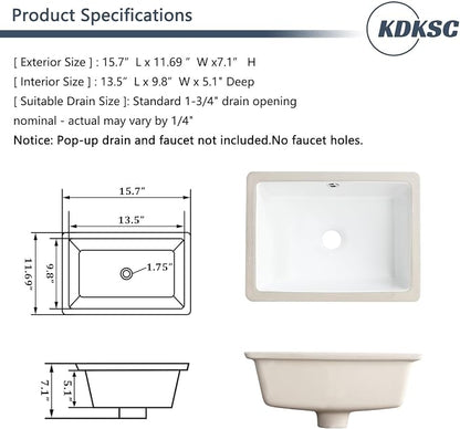 Small Undermount Bathroom Sink 16 Inch White Rectangular Porcelain Ceramic Vanity Basin with Overflow (15.70"x11.69") KDKSC