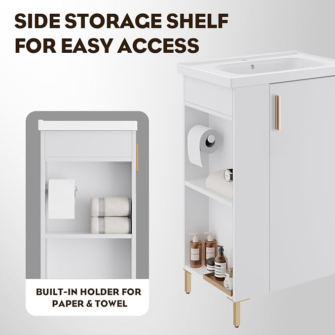 20 Inch White Pre-Assembled Small Bathroom Vanity Cabinet with Ceramic Sink, Soft-Close Door, Left Side Storage, Space-Saving Design, No Faucet,BV05-20-WHITE-PLUS