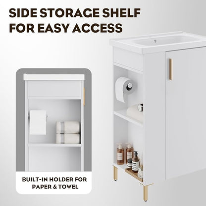 20 Inch White Pre-Assembled Small Bathroom Vanity Cabinet with Ceramic Sink, Soft-Close Door, Left Side Storage, Space-Saving Design, No Faucet,BV05-20-WHITE-PLUS