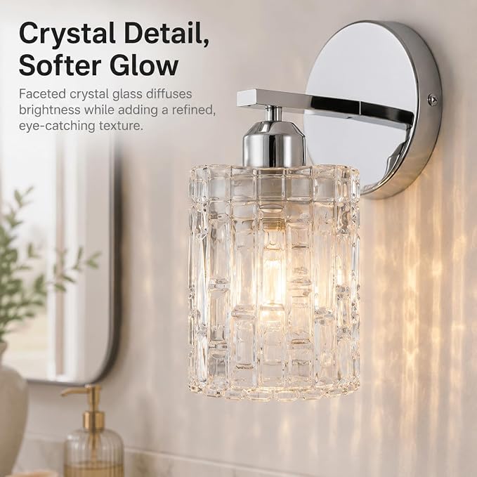 2-Pack Chrome Crystal Bathroom Vanity Lights, 1-Light Wall Mount Fixture for Over Mirror, Modern Wall Light for Bathroom, Bedroom, Hallway
