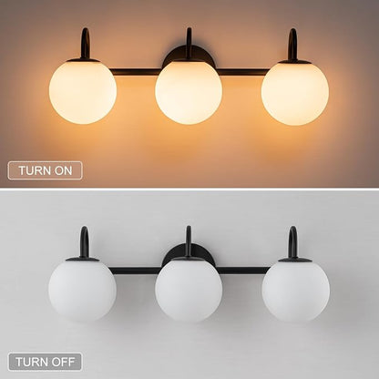 Milk Glass Vanity Light, 22.6" Modern Bathroom Light Fixtures Mid-Century Globe Vanity Light 3-Light Glass Wall Sconce Black | Mid-Century Globe Vanity Light 3-Light Bathroom Vanity Light, Up/Down Mounting Design, Glass Wall Sconce for Bathroom Hallway