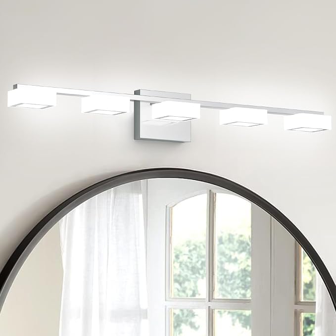 LED Modern Bathroom Light Fixtures Over Mirror, 5-Light Dimmable Vanity Lights, Chrome Acrylic Bathroom Vanity Light, 2700K-6500K Adjustable, ETL Certificated
