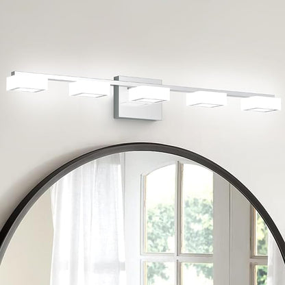 LED Modern Bathroom Light Fixtures Over Mirror, 5-Light Dimmable Vanity Lights, Chrome Acrylic Bathroom Vanity Light, 2700K-6500K Adjustable, ETL Certificated