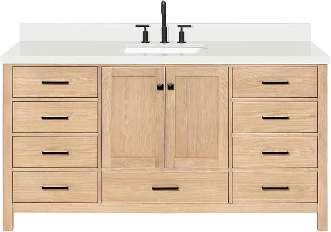 ARIEL 67 inch Bathroom Vanity top with Sink, 1.5 Inch Thick Miter Edge White Quartz top, Rectangle Single Porcelain Sink, Includes Backsplash