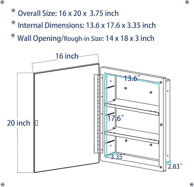 Black Plastic Bathroom Medicine Mirror Cabinet Beveled Edge, 16 x 20 inch, Surface and Recessed Mount
