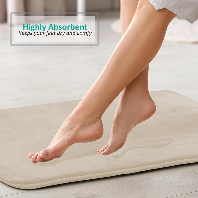 Clara Clark 2 Piece Bathroom Rugs, Velvet Memory Foam Bath Mat Set, Non-Slip Bath Rugs, Machine Wash, Dries Quickly, Ultra Soft Plush Bath Mats for Bathroom, 20 x 32 + Contour, Linen