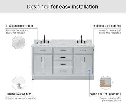 ARIEL Hepburn 66-inch Bathroom Vanity with Sink,Solid Wood, 1.5-inch Italian Carrara Marble Countertop, Double Rectangular Porcelain Sink, 4 Soft Closing Doors, 6 Dovetail Drawers, Grey