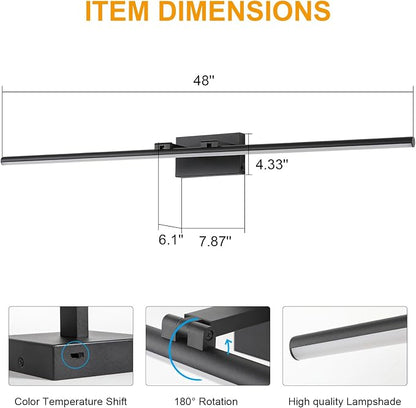 LED Bathroom Vanity Light, Modern Bathroom Light Fixture Over Mirror (3000K/4000K/6000K, Dimmable), Vanity Light Bar with Angle Adjustable, 48 Inch, Black