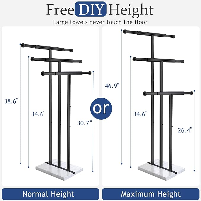 Kayfia 40'' Stainless Steel Towel Rack, Weighted Marble Base, 3 Tier | Width Adjustable Taller Design, Brushed Stainless Steel , Stable Weighted Base, Suitable For Multiple Bathroom Spaces, Black