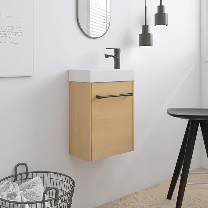 16" Bathroom Vanity with Sink, 16 Inch Floating Bathroom Vanity for Small Space, Single Sink Bathroom Vanity Combo, Modern Bathroom Vanity, Brown Wall Mounted Cabinet Set
