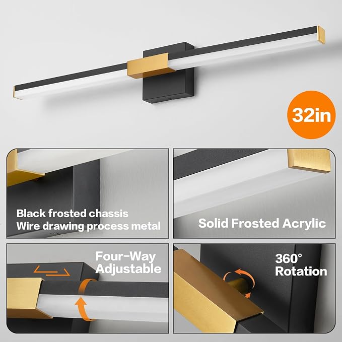 SOLFART Bathroom Lighting Fixtures Over Mirror: 32-Inch Black and Gold Dimmable Built-in Step Dimming Vanity Light ETL IP44
