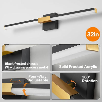 SOLFART Bathroom Lighting Fixtures Over Mirror: 32-Inch Black and Gold Dimmable Built-in Step Dimming Vanity Light ETL IP44