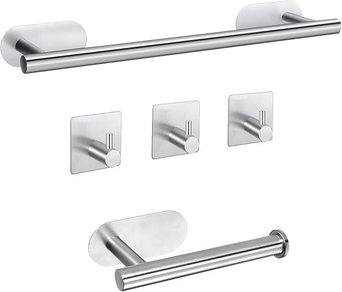 Self Adhesive Towel Bar, JiGiU Bathroom Hardware Set Include 16-Inch Bath Towel Bar,Toilet Paper Holder & 3 Packs Towel Hooks SUS304 Stainless Steel Wall Mount No Drill Sticky on Towel Holder Kit | With 16" Bath Towel Bar,Toilet Paper Holder & 3PCs Tow...