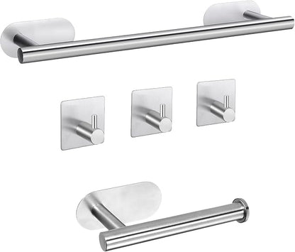Self Adhesive Towel Bar, JiGiU Bathroom Hardware Set Include 16-Inch Bath Towel Bar,Toilet Paper Holder & 3 Packs Towel Hooks SUS304 Stainless Steel Wall Mount No Drill Sticky on Towel Holder Kit | With 16" Bath Towel Bar,Toilet Paper Holder & 3PCs Tow...