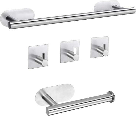Self Adhesive Towel Bar, JiGiU Bathroom Hardware Set Include 16-Inch Bath Towel Bar,Toilet Paper Holder & 3 Packs Towel Hooks SUS304 Stainless Steel Wall Mount No Drill Sticky on Towel Holder Kit | With 16" Bath Towel Bar,Toilet Paper Holder & 3PCs Tow...
