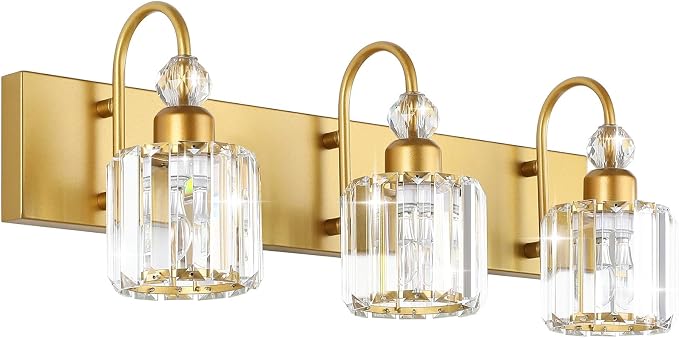 Ralbay Gold Bathroom Vanity Lights 3-Lights Gold Crystal Vanity Lights Over Mirror Modern Crystal Bathroom Vanity Lighting Fixtures