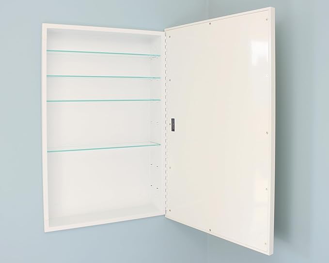 Fox Hollow Furnishings 20x30 Parker Metro Metal Framed Rectangle Recessed Bathroom Medicine Cabinet, Floating Mirror, 14x24 in-Wall Opening, Steel, Adjustable Glass Shelves, Magnet Close, White