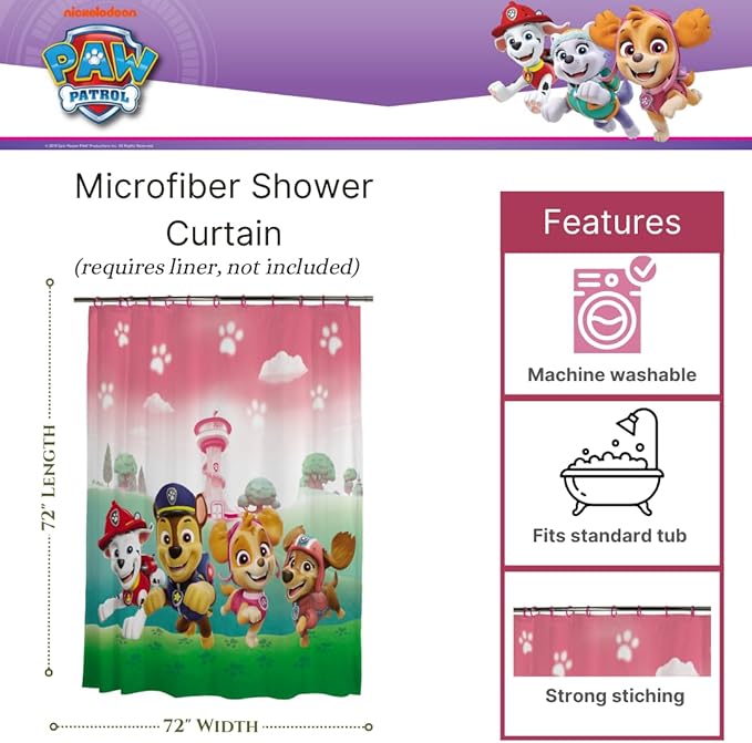 Paw Patrol Girl Skye 13-Piece Shower Curtain Set, 72 x 72 Inch Fabric Curtain with Hooks, Bathroom Decor, Machine Washable, (100% Officially Licensed Product) by Franco Collectibles