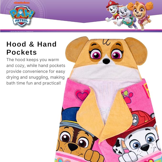 Paw Patrol Girl Skye, Marshall, Chase Kids Super Soft Bath/Pool/Beach Soft Cotton Terry Hooded Towel Wrap, 24 in x 50 in, (Officially Licensed Product) by Franco